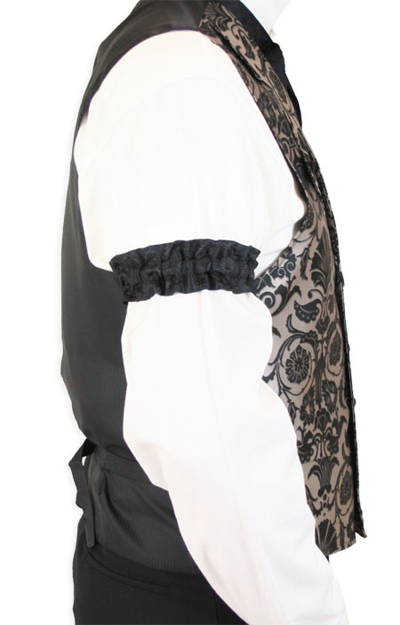  Victorian Old West Mens Accessories Black Satin Microfiber Floral Sleeve Garters |Antique Vintage Fashioned Wedding Theatrical Reenacting Costume | Barbershop