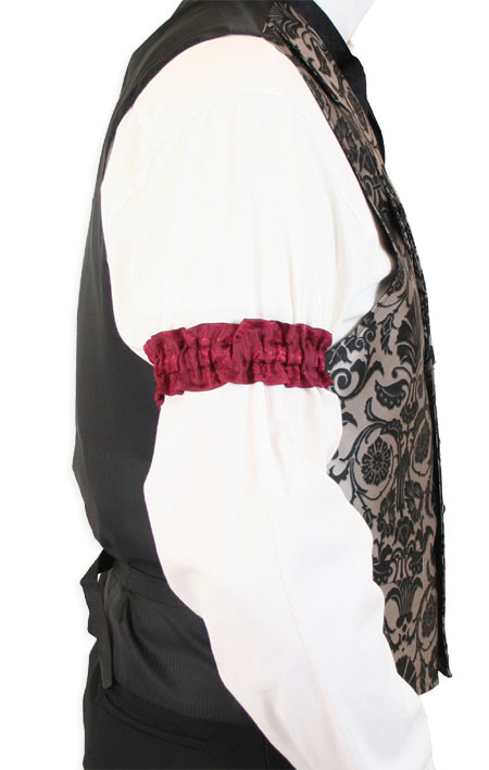  Victorian Old West Edwardian Mens Accessories Burgundy Red Satin Microfiber Floral Sleeve Garters |Antique Vintage Fashioned Wedding Theatrical Reenacting Costume | Barbershop