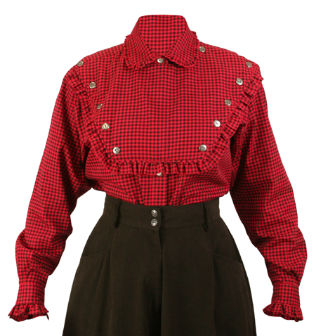  Old West Ladies Blouses Red Cotton Check Work Colorful |Antique Vintage Fashioned Wedding Theatrical Reenacting Costume |