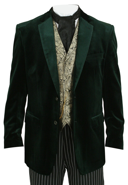  Victorian Edwardian Mens Coats Green Velvet Synthetic Solid Smoking Jackets |Antique Vintage Old Fashioned Wedding Theatrical Reenacting Costume |