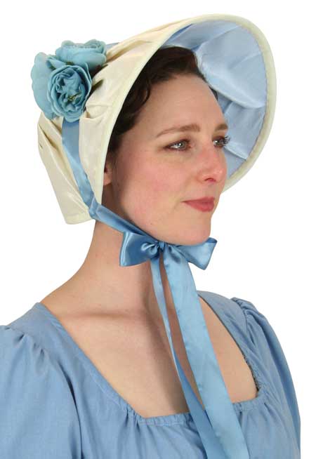  Victorian Regency Ladies Hats Ivory Blue Satin Synthetic Bonnets |Antique Vintage Old Fashioned Wedding Theatrical Reenacting Costume | Dickens Gifts for Her Stocking Stuffers